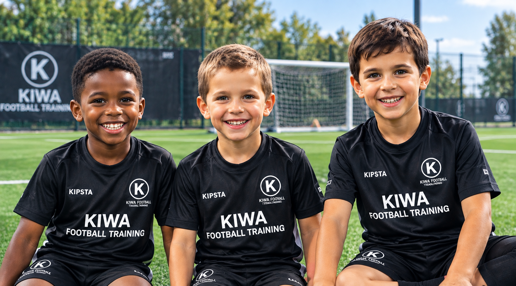 Trois jeunes joueurs en maillot Kiwa